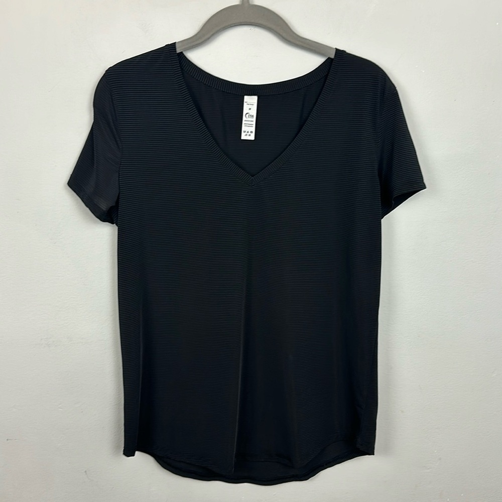 Zyia Active Black V-Neck Mini Stripes Tee Shirt Sz M